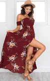 off shoulder boho floral split vintage chiffon maxi dress