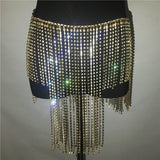 hollow out irregular length sparkly rhinestone tassel skirt belt chain