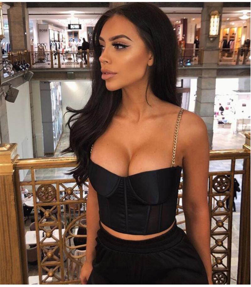 ribbed push up metal chain satin bustier crop top