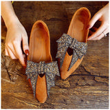 pointed toe bling crystal bow tie detail flat ballet shoes