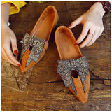 pointed toe bling crystal bow tie detail flat ballet shoes