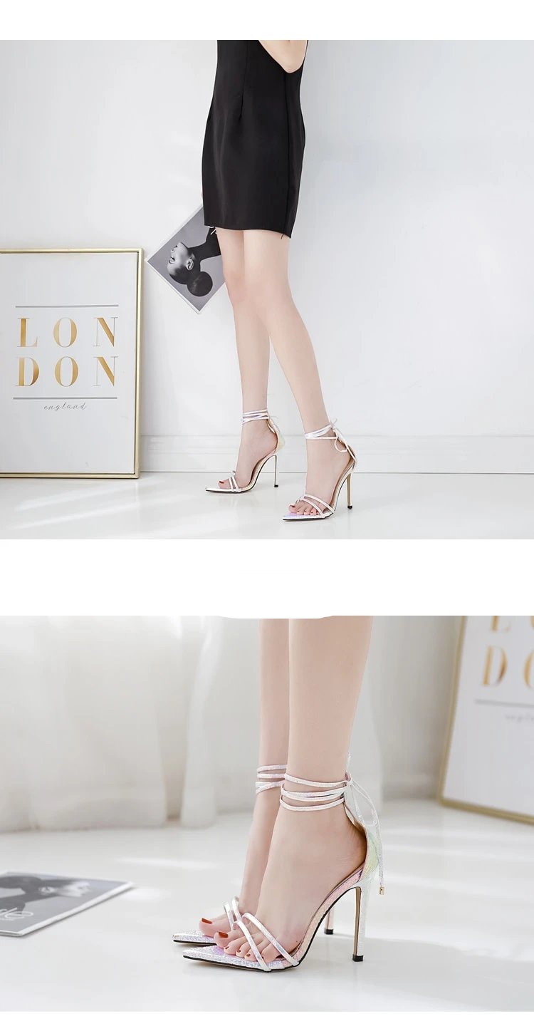 sequined cloth cross tied strap peep toe heeled sandals
