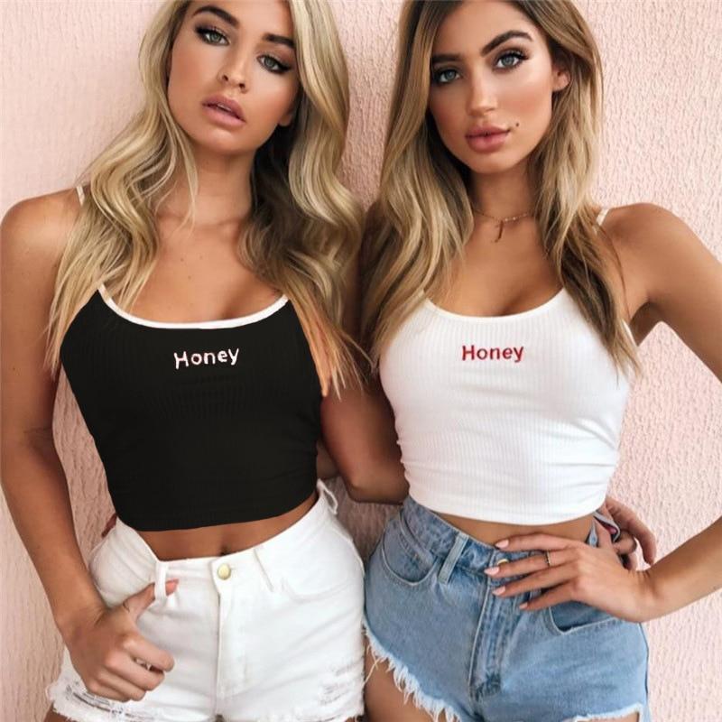 honey letter embroidery strap elastic crop tops