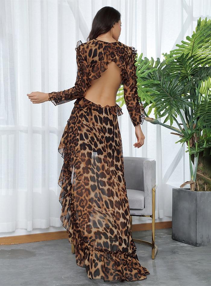 ruffles cut out open black leopard print dip hem chiffon party dress
