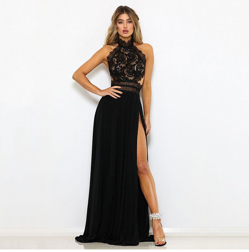 hollow out see through lace crochet backless high split party dress