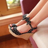 polka dot bow ankle strap open toe wedge sandal