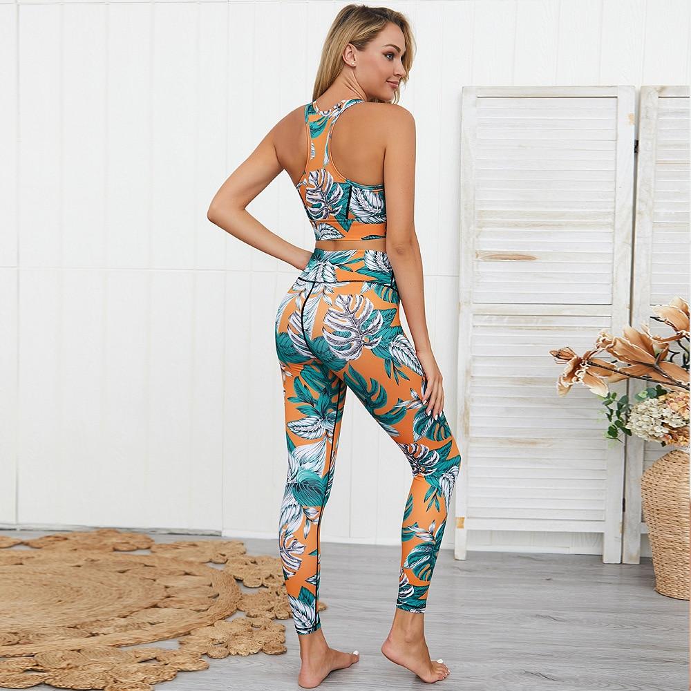 tropical printed breathable halter crop top high waist sportswear