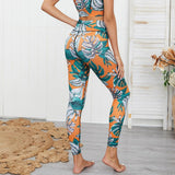 tropical printed breathable halter crop top high waist sportswear