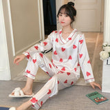 luxury faux silk flower print v neck long sleeve pajamas set