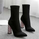 stretch fabric pointed toe thick glitter block heels ankle boots