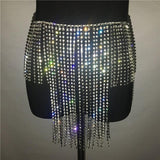 hollow out irregular length sparkly rhinestone tassel skirt belt chain