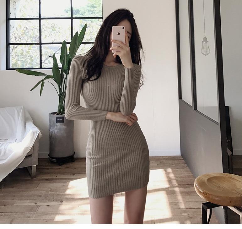 solid elegant vintage knitted o neck long sleeve bodycon dress