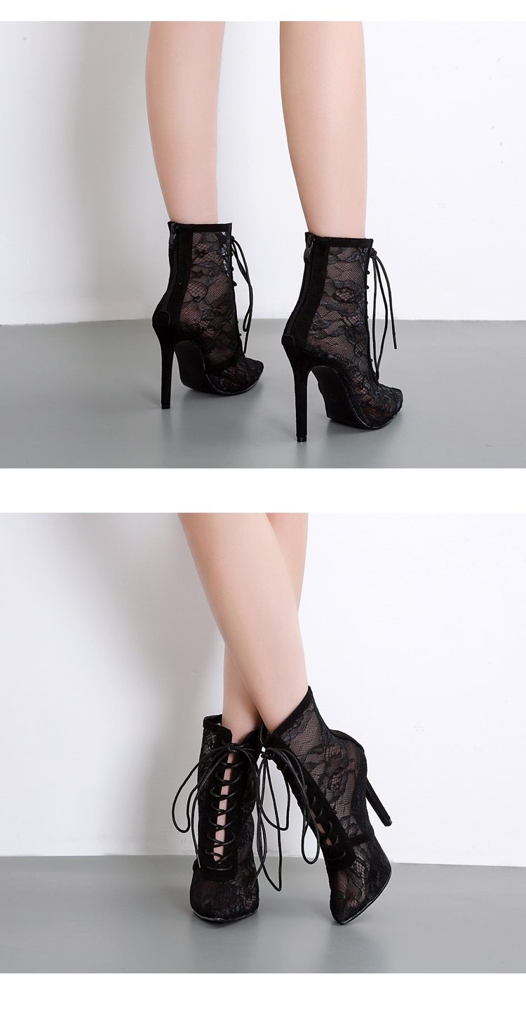 pointed toe perspective mesh embroidery floral lace up thin high heels ankle boots