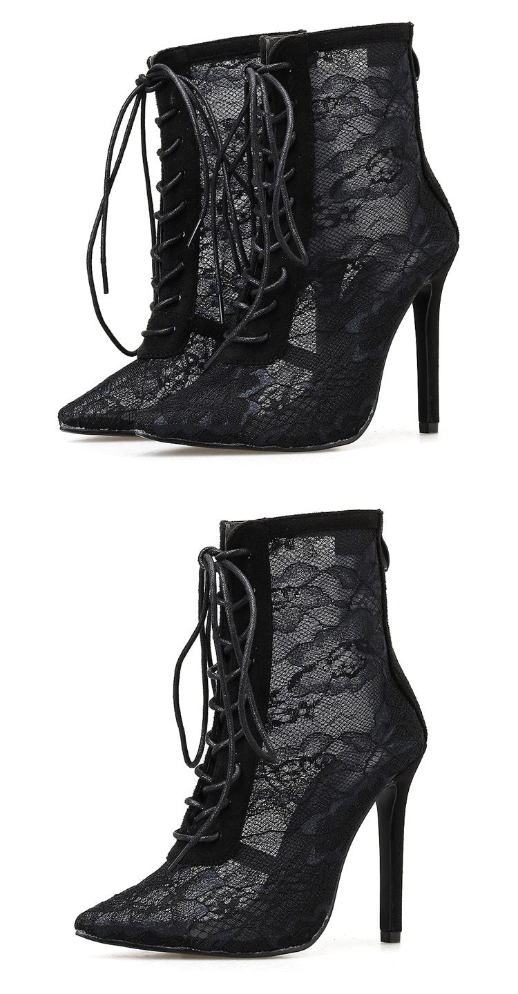 pointed toe perspective mesh embroidery floral lace up thin high heels ankle boots