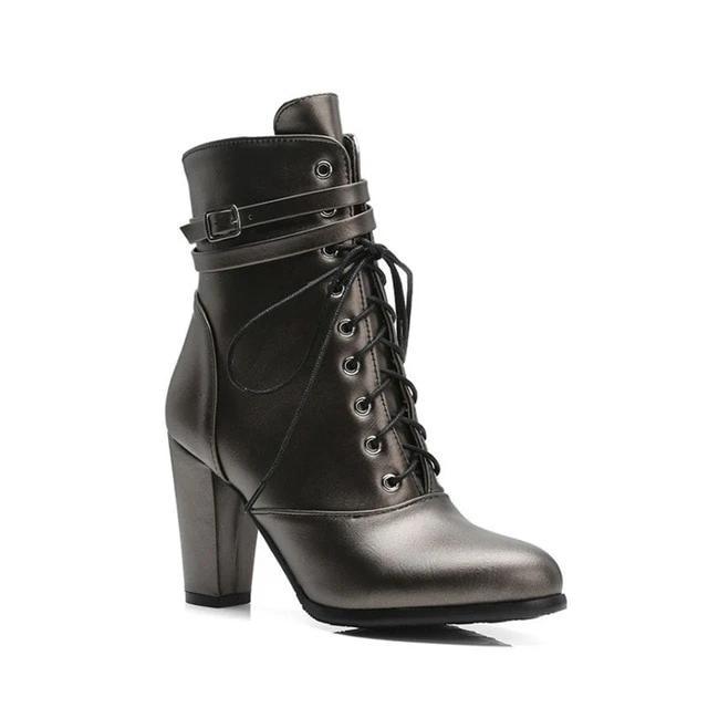 pu leather lace cross tied zipper high heel ankle boots
