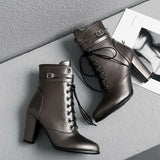 pu leather lace cross tied zipper high heel ankle boots