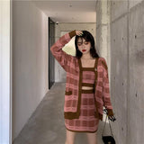 plaid knitted three pieces dress