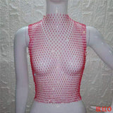 shiny rhinestone see through grid patchwork hollow out sleeveless crop top