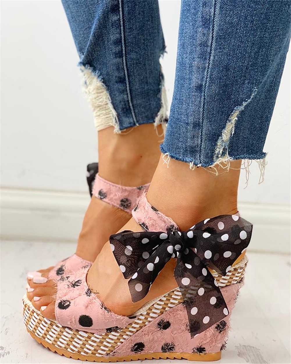 polka dot bowknot ankle strap platform wedge sandal
