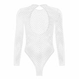 see through sheer fishnet long sleeve high cut bodysuit