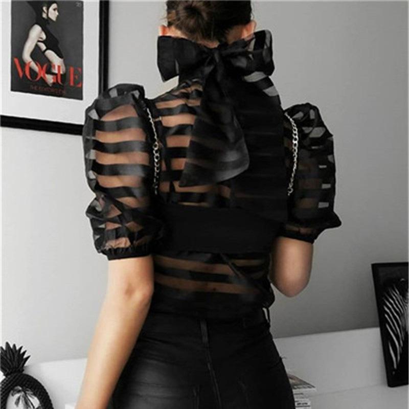 transparent back bow knot puff sleeve striped tops