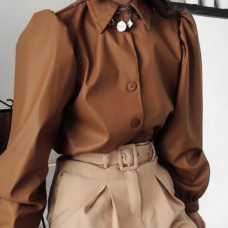 turn down collar puff long sleeve button leather blouse
