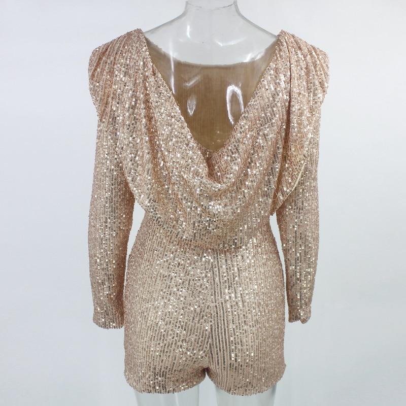 draped back sparkly o neck long sleeve sequins romper
