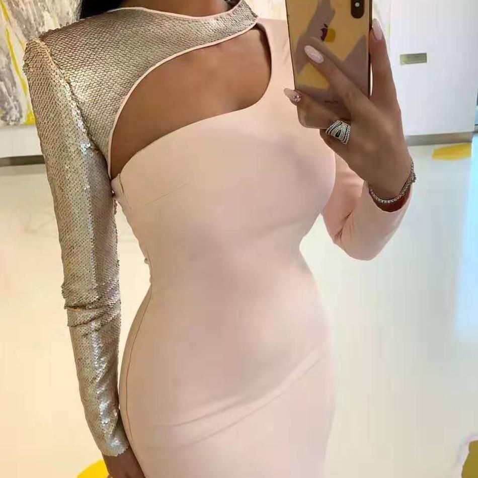 elegant sequin one shoulder cut out long sleeve bodycon dress