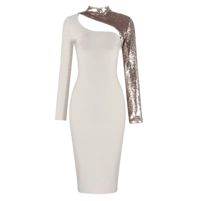 elegant sequin one shoulder cut out long sleeve bodycon dress