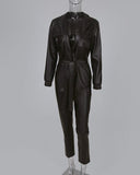 tie waist faux leather turn down collar long sleeve jumpsuit