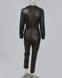 tie waist faux leather turn down collar long sleeve jumpsuit