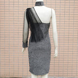 glitter mesh patchwork choker neck mini bodycon dress