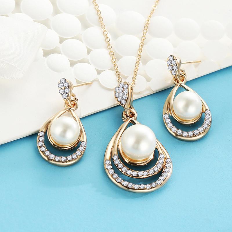 pearl clear crystal chain link necklace drop earrings jewelry set