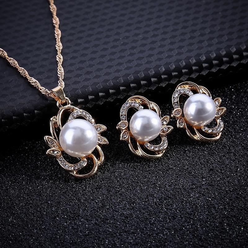 pearl clear crystal chain link necklace drop earrings jewelry set