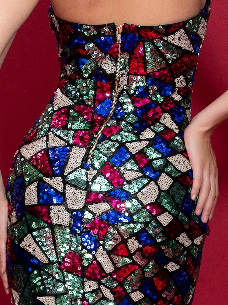 v neck off shoulder high split geometric pattern sequin dress