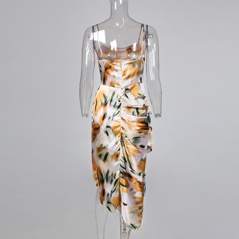 abstract print spaghetti strap high slit cascading ruffle party dress