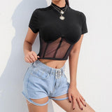 casual ribbed mesh patchwork long sleeve crop top