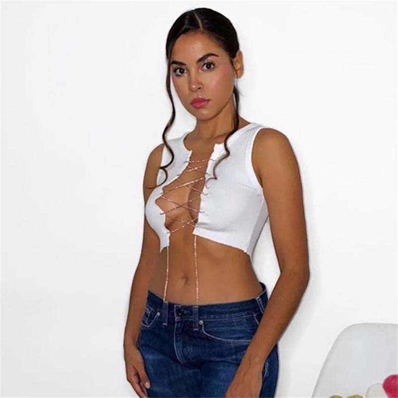 o neck sleeveless hollow out metal chain stretch crop top