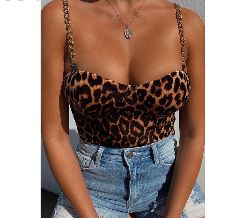 leopard print metal chain strap sleeveless bodysuit