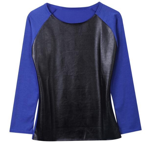 scoop neck long sleeve patchwork pu leather blouse