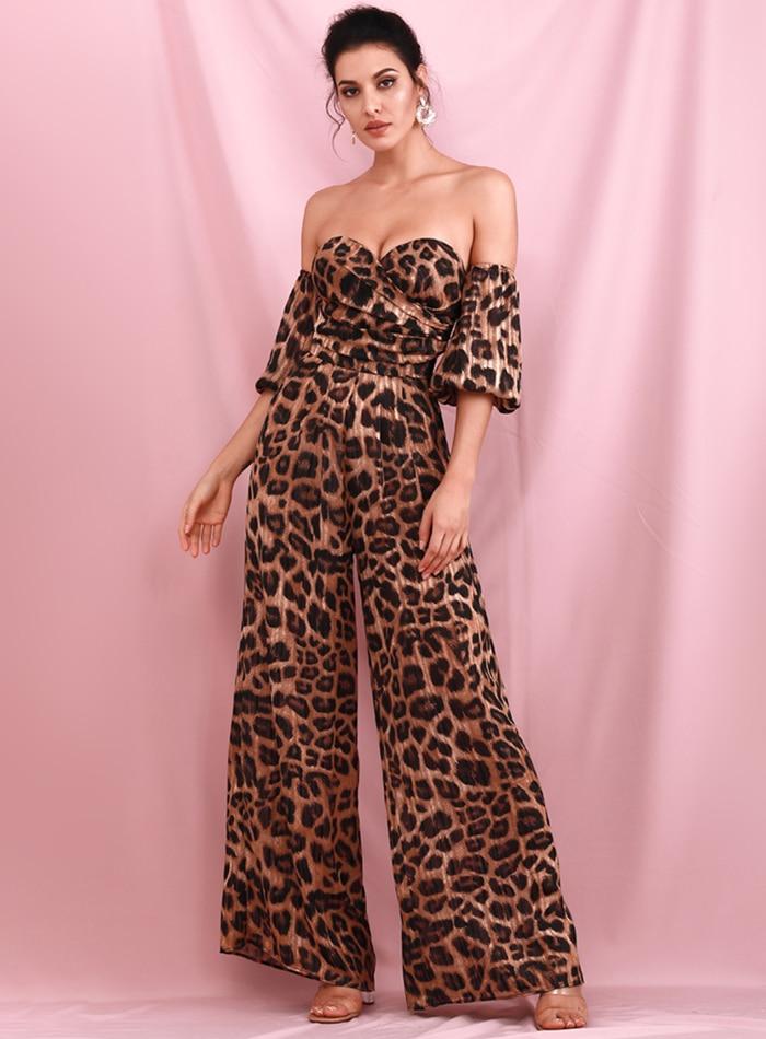 leopard print tube top large sleeves loose flared jumpsuit