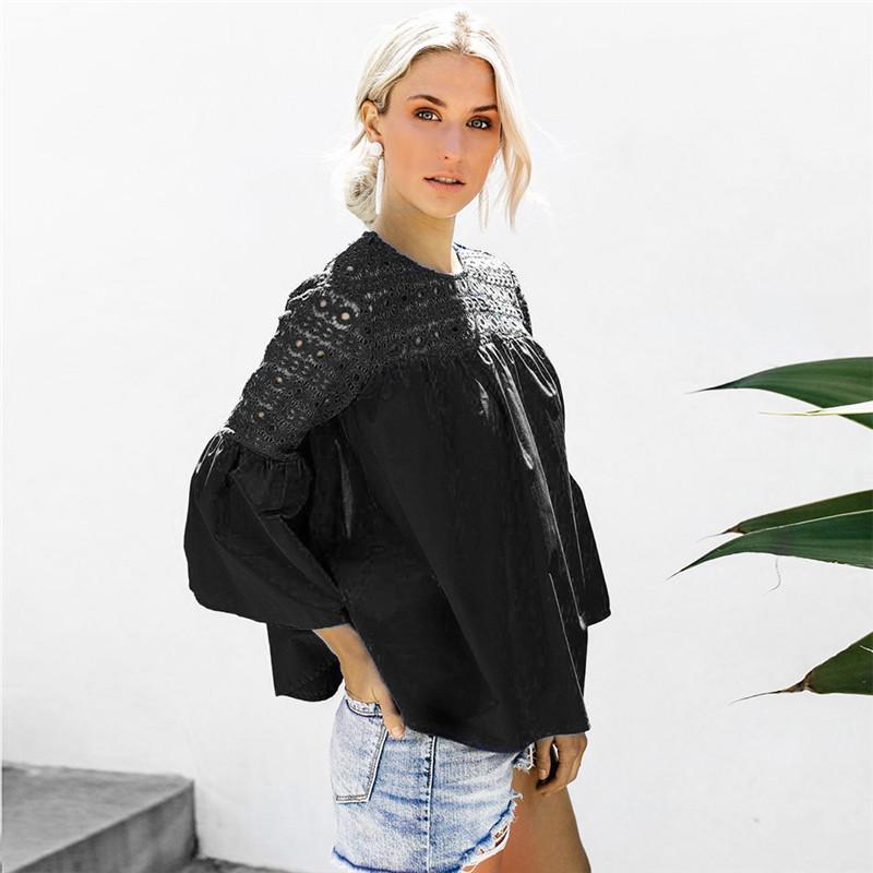 o neck crochet hollow out flare long sleeve loose blouse