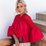 o neck crochet hollow out flare long sleeve loose blouse