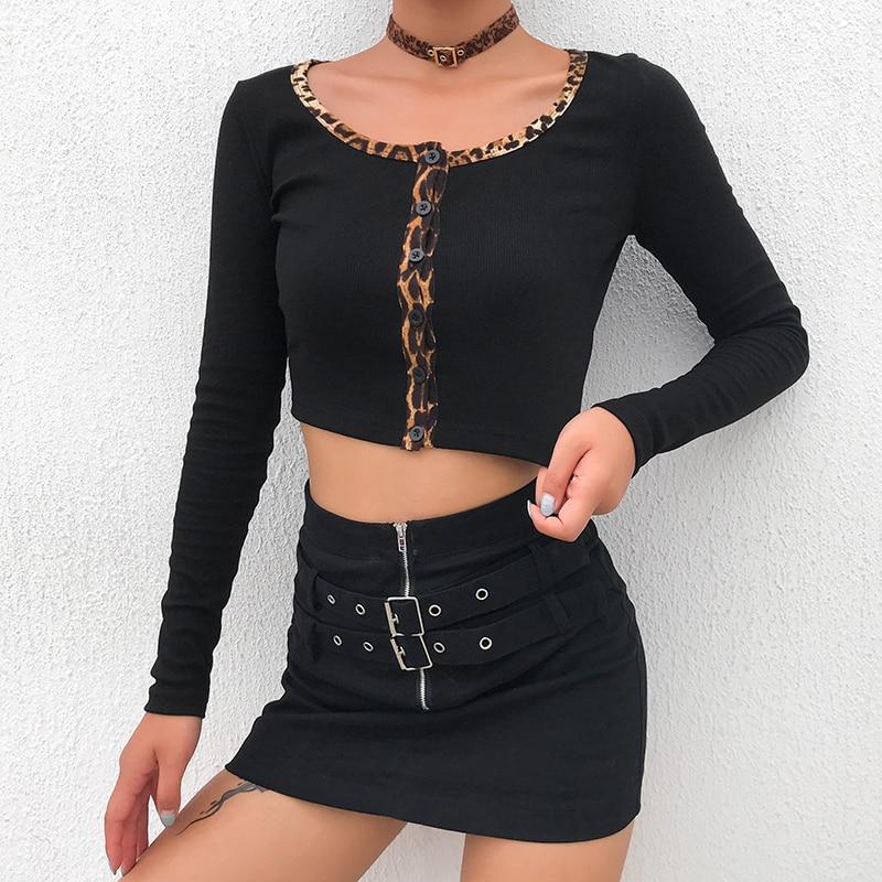leopard square collar long sleeve button crop top