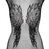fishnet v neck wings back print hollow out lace up body stockings