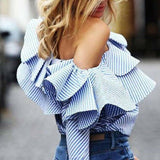 skew collar striped plaid one shoulder ruffle long sleeve loose blouse