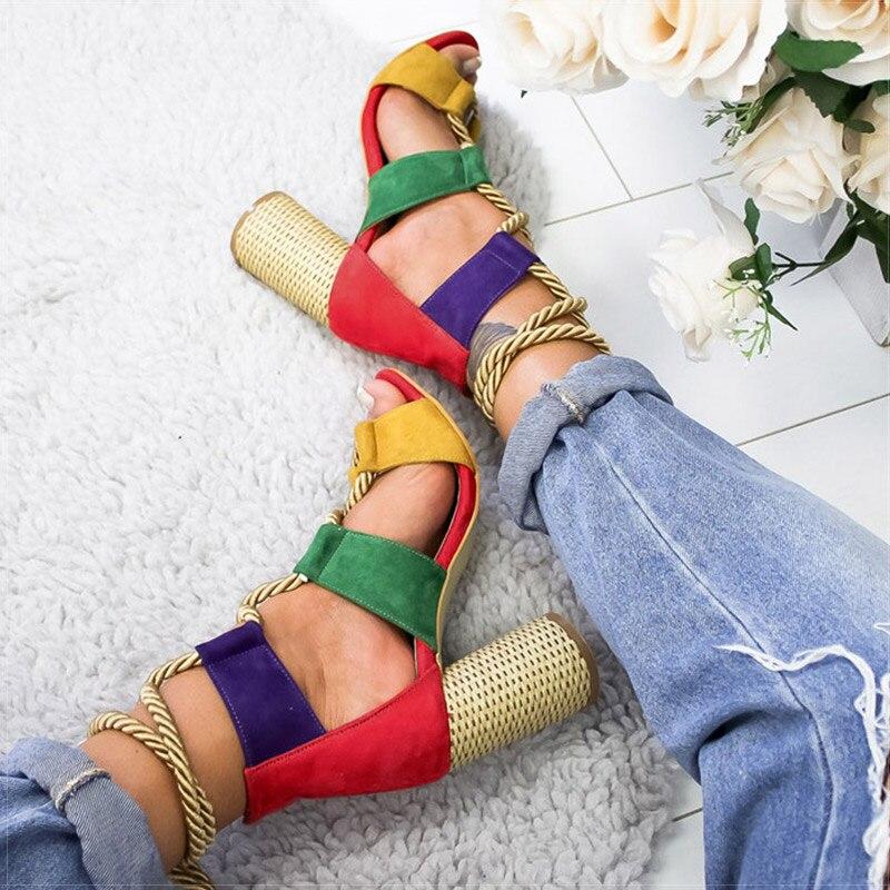 rope lace up flock thick block high heeled sandals