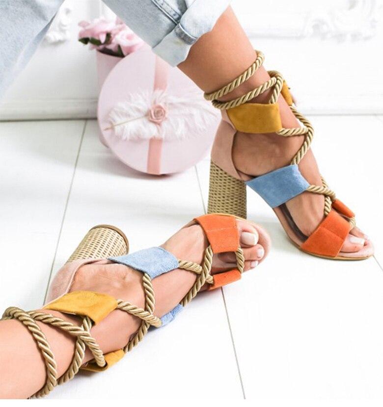 rope lace up flock thick block high heeled sandals