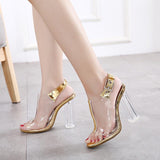 peep toe pvc transparent crystal buckle straps thick heeled sandals