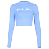 letter print stand collar long sleeve skinny crop top